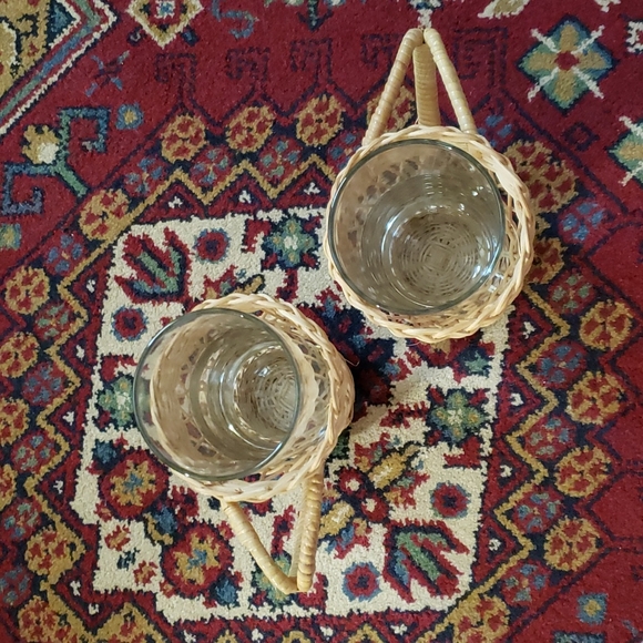 ❤ VINTAGE | Boho Wicker Handled Drinking Glass Holders & Glasses - Set of 2 - Picture 11 of 11